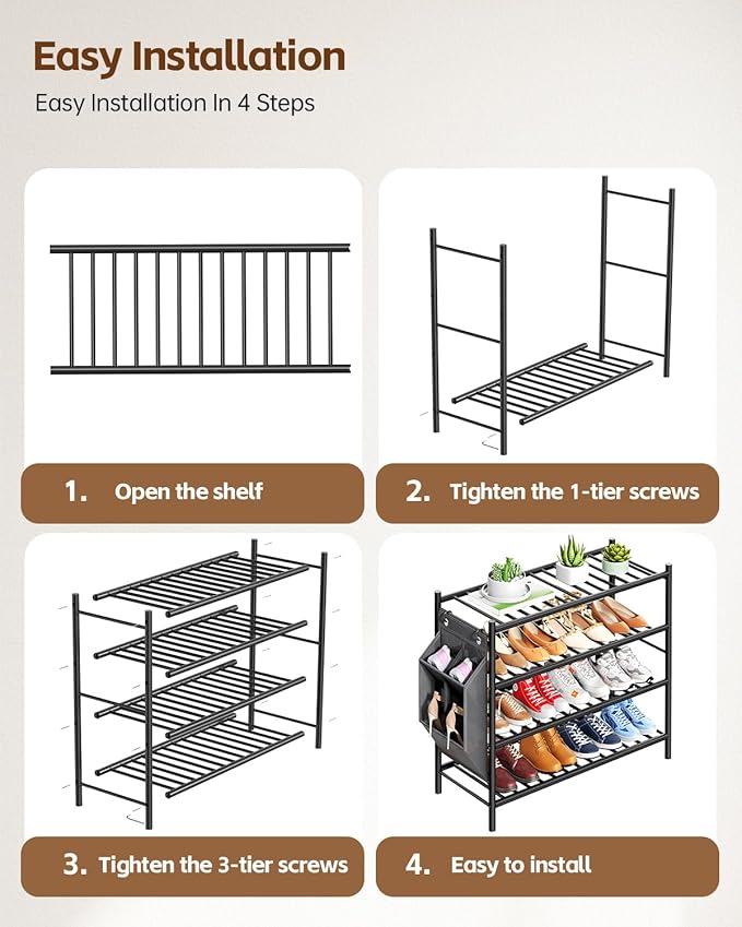 Bamboo Shoe Rack for Closet Small Wooden Shoe Organizer with Pouch, Sturdy Wood Shoe Shelf for Front Door Entrance Entryway and Outdoor, 26 inch Wide (Black, 4-Tier)