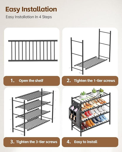 Bamboo Shoe Rack for Closet Small Wooden Shoe Organizer with Pouch, Sturdy Wood Shoe Shelf for Front Door Entrance Entryway and Outdoor, 26 inch Wide (Black, 4-Tier)