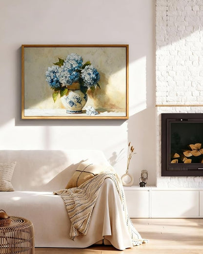 InSimSea Vintage Framed Canvas Art, Vintage Blue Hydrangea Painting, Hand-Painted Floral Textured Artwork for Dining Living Room Hallway,16x24in,Classical Still Life Wall Shelf Decor Aesthetic