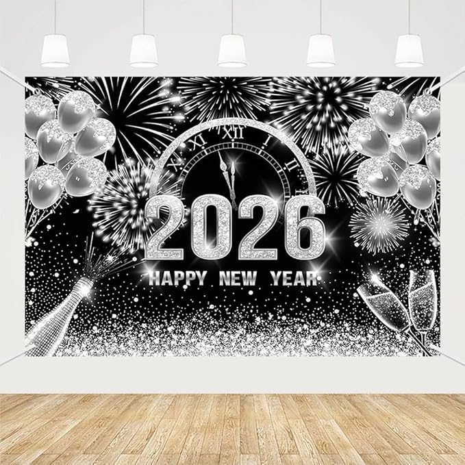MEHOFOND 7x5ft Black and Silver 2026 Happy New Year Backdrop Hello 2026 New Year Eve Party Photography Background Champagne Balloon Fireworks Glitter Dots Cheers to 2026 Decor Banner Photo Booth Props