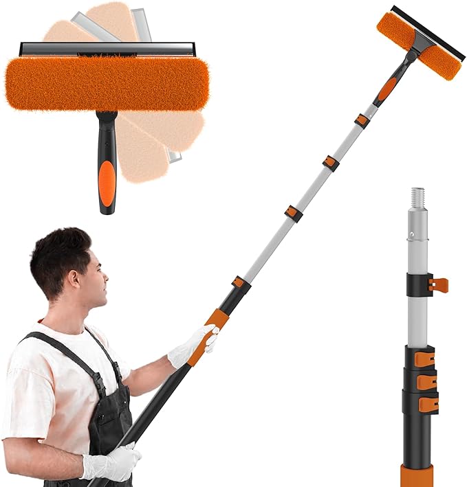36FT Reach Window Squeegee with Extension Pole, 2-in-1 Professional Window Washing Kit for Home, Indoor Outdoor Squeegee with Rotatable Head for High Windows