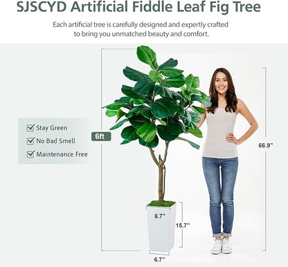 Fiddle Leaf Fig Tree, 6ft Artificial Tree with White Tall Planter, Large Faux Plants Indoor, Fake Fig Tree in Pot for Home Office Bedroom Living Room Decor Garden Outdoor Housewarming Gift
