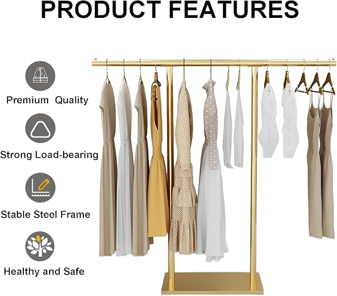 Gold Clothing Rack for Boutique, Gold Garment Rack, Double Pole Supported Stable Metal Retail Clothes Stand, Freestanding Clothes hanging Rack in Bedroom and Laundry Room (gold, 39.37X51.18in)