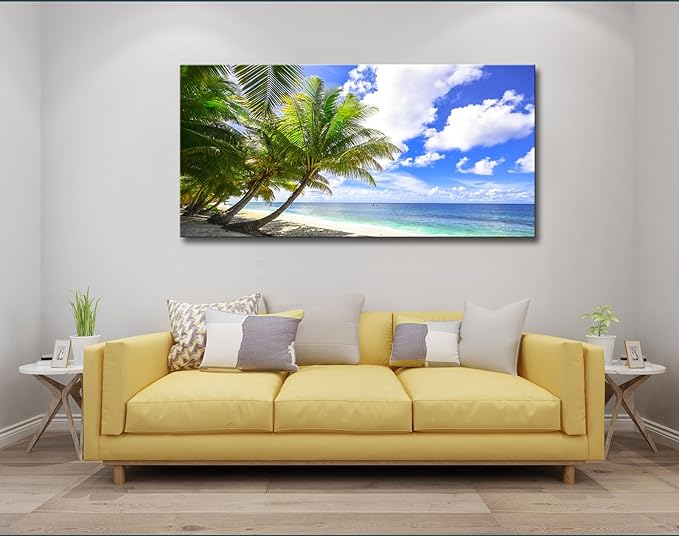 weiyiart Large Canvas Wall Art Blue Ocean Canvas Wall Art Summer Ocean Waves Coconut Trees on Sands Beach Seascape Painting Sea Nature Pictures for Living Room Home Office Wall Decor