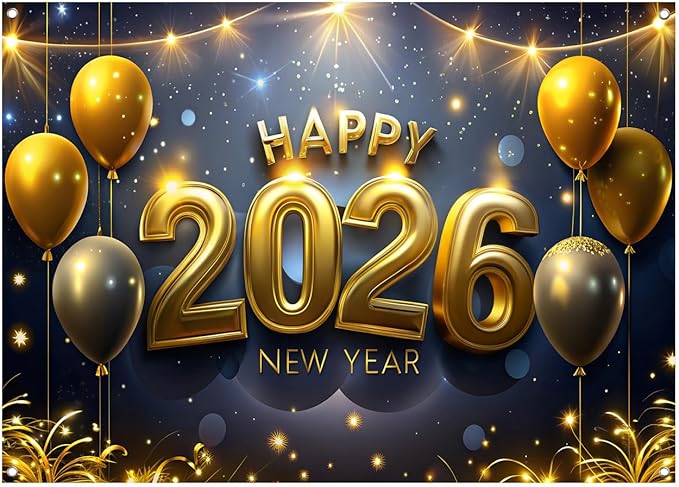 AIIKES 82.6x59 Inches Happy New Year Backdrop Black and Gold New Year Party Decoration XY239