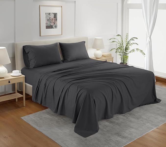 800 Thread Count Egyptian Cotton Sheets Full Sheet Set Deep Pocket, 100% Cotton Bed Sheets Full Size Set, No Pill Soft & Comfy Naturally Cool Breathable Elasticated Sheet & Pillowcase Sets - Charcoal
