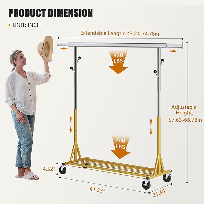 Heavy Duty Clothes Rack Load 530 LBS Metal Clothing Garment Rack Hang 200 pieces of clothing on Wheels Rolling Portable Collapsible & Adjustable with Hook for Hanging Clothes Gold