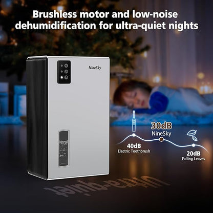 NineSky Dehumidifier for Home, 95 OZ Water Tank, (1000 sq.ft) Dehumidifiers for Bathroom Bedroom Basement with Auto Shut Off,7 Colors LED Light (Silver)