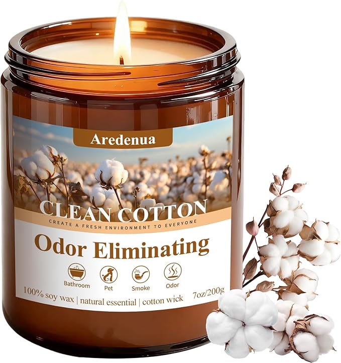 Clean & Pure Cotton Odor Eliminating Candles | Eliminates 95% of Pet, Smoke & Bathroom Odors – 7 oz Hand Poured Non-Toxic Soy Candle - Fresh Air Scented Candle Gentle for Pet - Gifts for Families