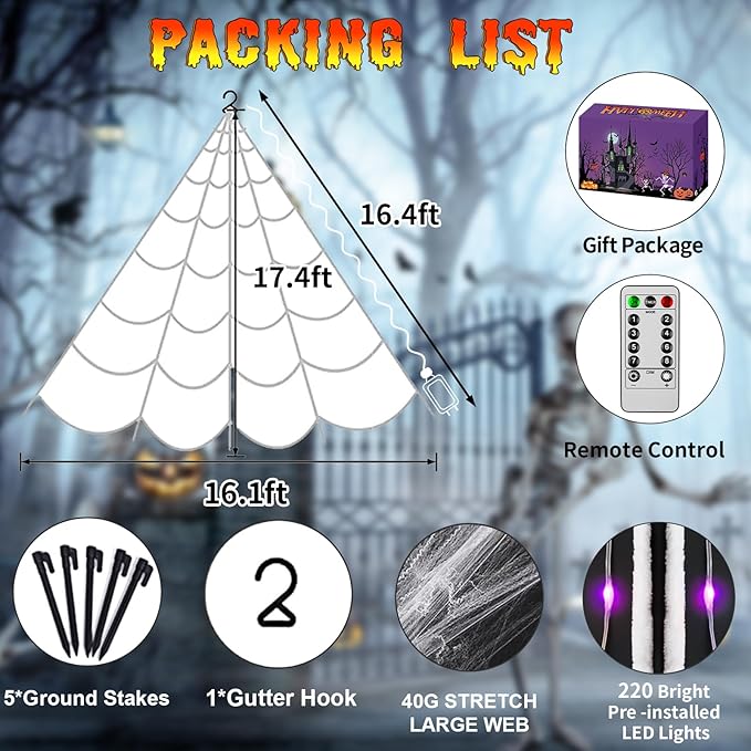 Halloween Decorations Outdoor Spider Web Lights, 16.4Ft 220 LED Lighted Spider Web Light up with 8 Modes Waterproof Timer for Yard House Halloween Outdoor Decor Purple Orange Spiderweb