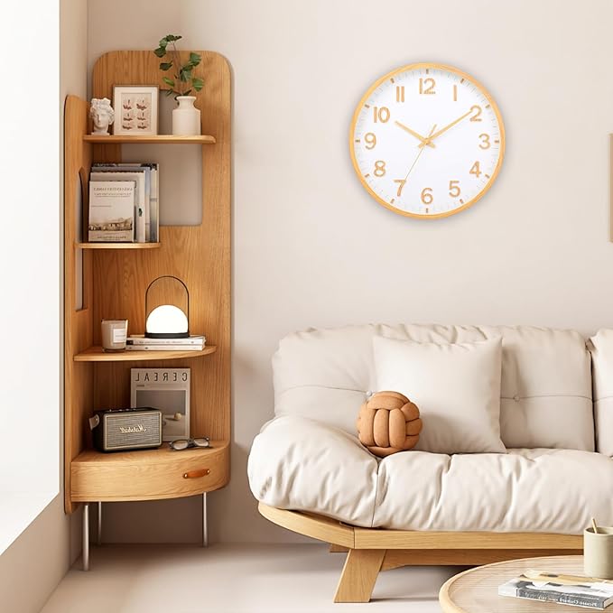 Wall Clocks Battery Operated 12 inch Modern Wall Clock,Silent Non Ticking Wall Clock for Living Room Bedroom Kitchen Office Classroom Decor (Wood Grain Yellow White)