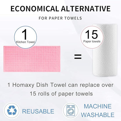 Homaxy 100% Cotton Terry Kitchen Towels(Pink, 13 x 28 inches), Checkered Designed, Soft and Super Absorbent Dish Towels, 4 Pack