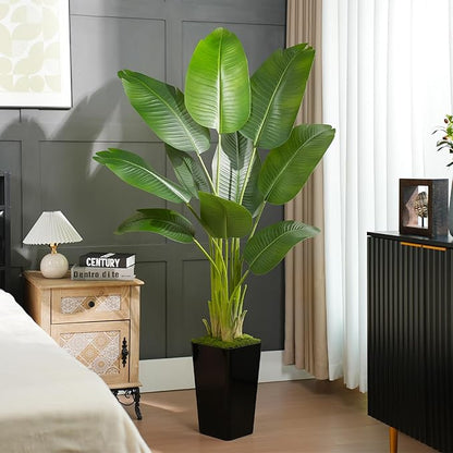 Lifelike Bird of Paradise Artificial Plant 6ft Faux Banana Leaf Tree with Black Tall Planter for Home Decor - Perfect Indoor Silk Floor Plant for Living Room, Office, and Bedroom Ambiance Enhancement