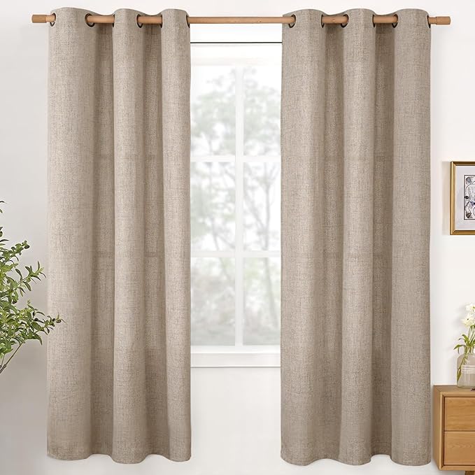 YoungsTex Dark Oatmeal Linen Semi Sheer Curtains 72 Inch Length for Living Room, Light Filtering Window Drapes with Bronze Grommet Privacy for Bedroom Farmhouse, 42 x 72 Inch, 2 Panels