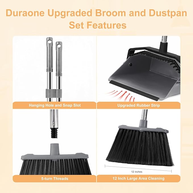Broom and Dustpan Set, 51'' Broom with Dustpan Combo Set, Large Standing Dustpans Long Handle, Brooms and Dustpans for Restaurant Garage Floor Lobby Pet Hair Indoor Outdoor - Grey and Black