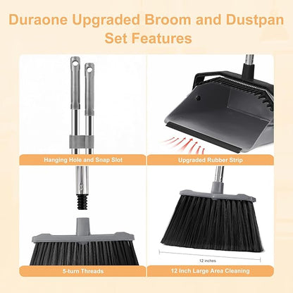 Broom and Dustpan Set, 51'' Broom with Dustpan Combo Set, Large Standing Dustpans Long Handle, Brooms and Dustpans for Restaurant Garage Floor Lobby Pet Hair Indoor Outdoor - Grey and Black