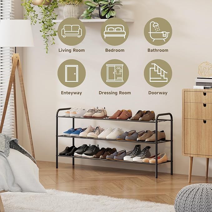 3-Tier Metal Shoe Rack, Free Standing Shoe Storage Rack for Entryway, Closet and Hallway (Black, 3-Tier-Long)