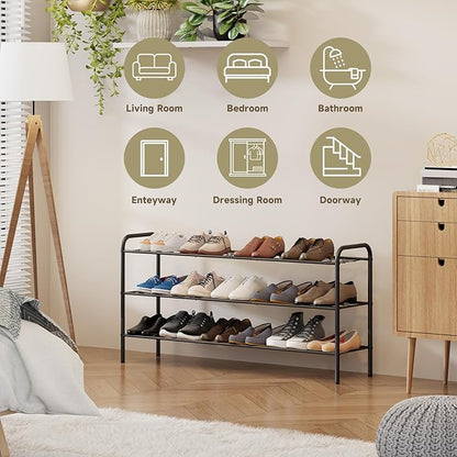 3-Tier Metal Shoe Rack, Free Standing Shoe Storage Rack for Entryway, Closet and Hallway (Black, 3-Tier-Long)