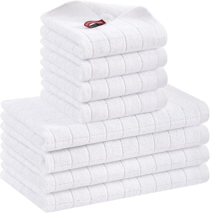 Mordimy 100% Cotton Terrycloth Kitchen Towels and Dishcloths Sets, Soft and Absorbent Checkered Dish Towels, Quick Drying Dish Rags for Washing Dishes, 4 Pack 16" x 26" & 4 Pack 12" x 12", White