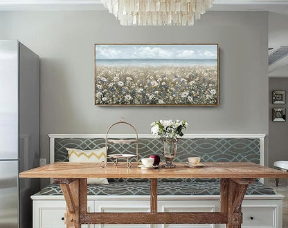 amatop Large Wall Art for Living Room Framed Boho Beach Coastal Floral Ocean Wall Picture Farmhouse Daisy Flower Sea Canvas Print Nautical Neutral Vintage Warm Artwork Home Bedroom Office Decor 48x24