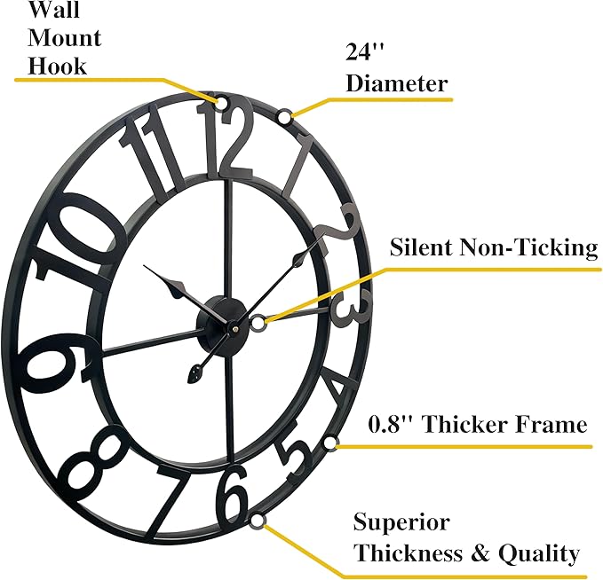 CLXEAST 24 Inch Wall Clocks for Living Room Decor, Large Black Metal Wall Clock Battery Operated, Silent/Non Ticking, Regular Arabic Numeral
