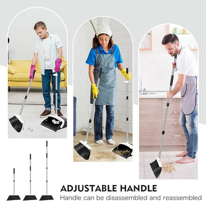 Broom and Dustpan Set, 55-in Long Adjustable Handle Broom with Dustpan Combo Set with Dustpans Teeth to Automatically Clean Hair Suitable for Home Kitchen Office Hall Lobby, Large(Black&White)