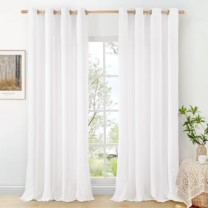 BGment 102 Inch Long White Linen Curtains for Living Room 2 Panels, Thick Textured Privacy Floor Length Window Drapes for Bedroom Farmhouse Light Filtering Grommet Top, Each 52 Inch Wide