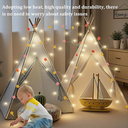 LED Pom Poms Fairy Lights - 21Feet, 20 LED, Battery Operated, Warm White Globe Lights Cute for Home,Kids Playhouse, Holiday, Christmas, Kids Room Party Birthday Wedding Valentines Decorations