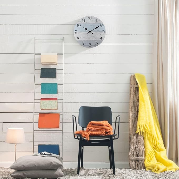 Plumeet Wall Clock, 12'' Frameless Wooden Wall Clocks with Silent Quartz Movement, Rustic Coastal Country Village Clocks Decorative for Kitchen Bedroom Living Room