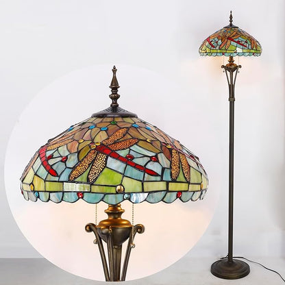 Tiffany Floor Lamp Green Red Stained Glass Dragonfly Standing Reading Light 16X16X70 Inches Antique Pole Corner Lamp Decor Bedroom Office Living Room