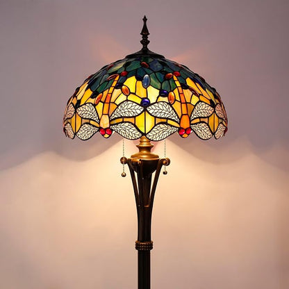 Tiffany Floor Lamp Blue Yellow Stained Glass Dragonfly Standing Reading Light 16X16X70 Inches Antique Pole Corner Lamp Decor Bedroom Office Living Room