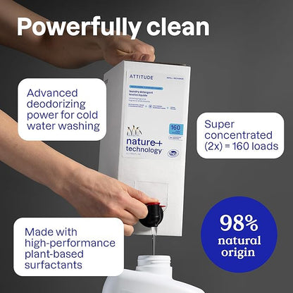 ATTITUDE Liquid Laundry Detergent Refill, EWG Verified, HE Compatible, Plant-Based & Vegan, Natural Laundry Soap, Unscented, 160 Loads, 135.26 Fl Oz