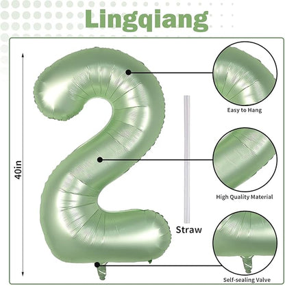 40" Balloon Number 2 Sage Green, Large Foil Number Balloons Set 0-9, Olive Green 2 Helium Balloons for Girls Boys 2nd 12th 20th Birthday Anniversary Graduation Jungle Safari Party Decoration Supplies