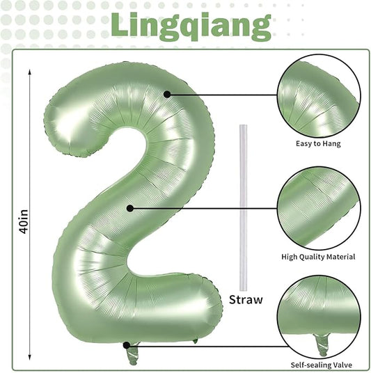 40" Balloon Number 2 Sage Green, Large Foil Number Balloons Set 0-9, Olive Green 2 Helium Balloons for Girls Boys 2nd 12th 20th Birthday Anniversary Graduation Jungle Safari Party Decoration Supplies