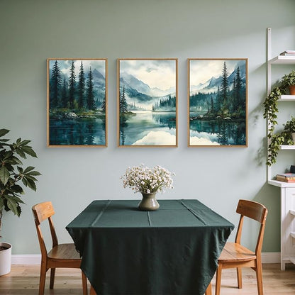 HLNIUC Green Foggy Forest Mountain Wall Art Framed,Large Boho Watercolor Pine Tree Wall Decor set of 3 (24"x36"), Nature Dark Lake Landscape Scenery Canvas Painting for Living Room, Bedroom, Office