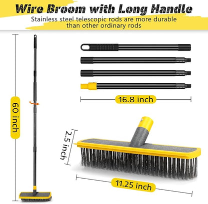 Heavy Duty Broom Wire Floor Scrub Brush with Long Handle, 2 in 1 Scrape and Stainless Steel Bristle Brooms Scrubber for Deck Concrete Patio Outdoor Moss Removal