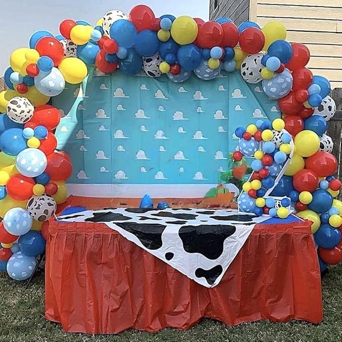 Toy Inspired Story Balloons, 12 Inch Cow Print Sky Blue Cloud Balloons Red Blue Yellow Green Balloons for Kids Boys Birthday Party Farm Themed Party Decorations