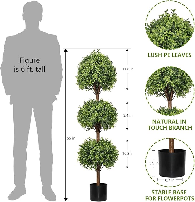 THE BLOOM TIMES 55" Tall Artificial Boxwood Triple Ball Topiary Trees, UV Resistant Large Fake Potted Plants for Outdoor Planter, Realistic Faux Bushes Shrubs for Front Porch Outside Decor Set of 2