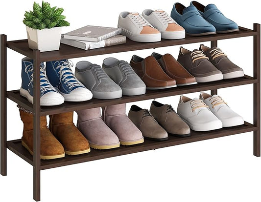 BMOSU 3-Tier Bamboo Extended Shoe Rack Premium Stackable Shoe Shelf Storage Organizer for Hallway Closet Living Room Entryway Organizer(Brown)