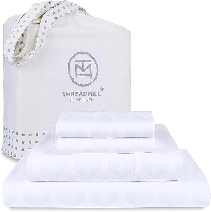 Threadmill 100% Cotton Sheets for Full Size Bed - 600 Thread Count Full Bed Sheets Set with 16” Deep Pocket - Jacquard Sateen Weave 4-Piece Bedding Set with Cooling Effect, White