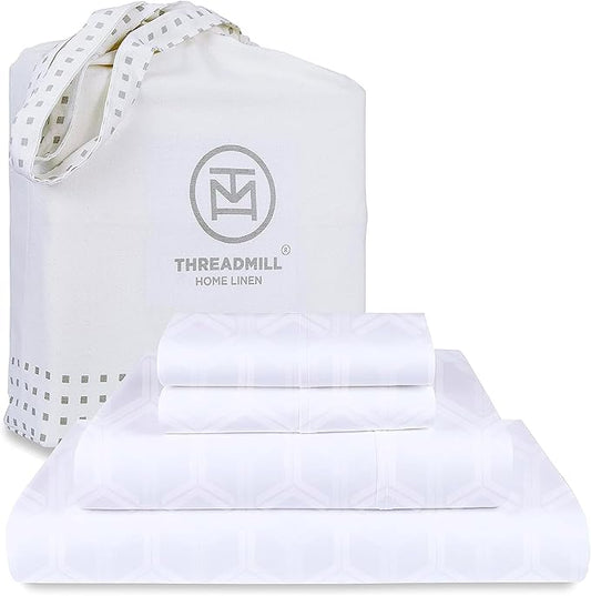 Threadmill 100% Cotton Sheets for Full Size Bed - 600 Thread Count Full Bed Sheets Set with 16” Deep Pocket - Jacquard Sateen Weave 4-Piece Bedding Set with Cooling Effect, White