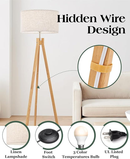 ELYONA Nordic Wood Tripod Floor Lamp, Modern Reading Standing Lamp for Living Room 3 Color Temperatures LED Bulb Included Flaxen Lamp Shade, Boho Natural Wooden floor lamp for Bedroom Office Kids Room