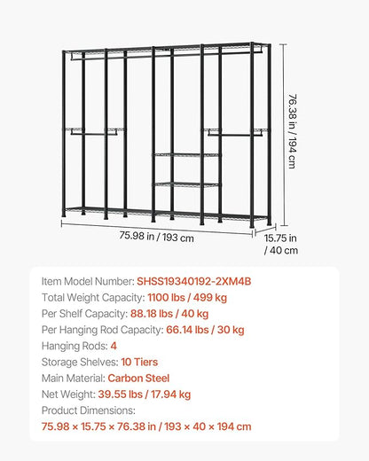 VEVOR Clothing Garment Rack, Heavy Duty Closet Wardrobe, Adjustable Tiers Clothes Racks with Steel Frame, for Bedroom, Clothing Store, Hallway