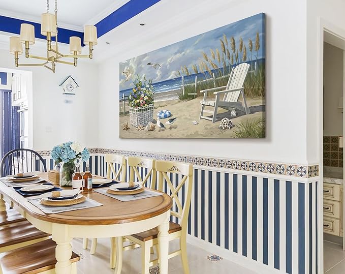 ARTZON Beach Pictures Wall Art – Blue Seascape Extra Large Ocean Scenery Print Floral Decorations Artwork Relaxing Seagulls Canvas Wall-decor for Restroom, Bedroom, Office, 58x29 Inch