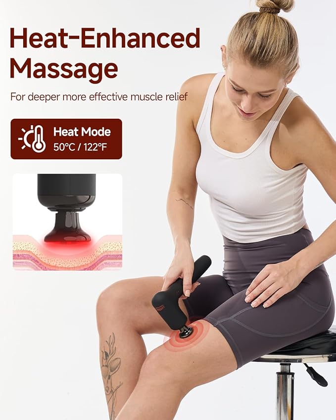 Upgraded 2-in-1 Massage Gun with Heat, Pain Relief Deep Tissue Back and Neck Massager with Extension Handle, Handheld Muscle Massage Gun for Back, Shoulder, Arm,Thigh