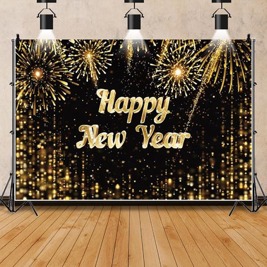 Leowefowa 10x8ft Happy New Year Backdrop Black and Gold 2026 New Year Party Background for Party Gold Firework Glitter Light Spots Festival Eve Party Banner Decor Photography Supplies Prop
