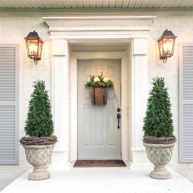 3FT Artificial Boxwood Topiary Balls Trees with Ground Spike, 2 Pack UV Resistant Artificial Shrubs, Fake Evergreen Artificial Plant Brush for Indoor Outdoor Front Porch Garden