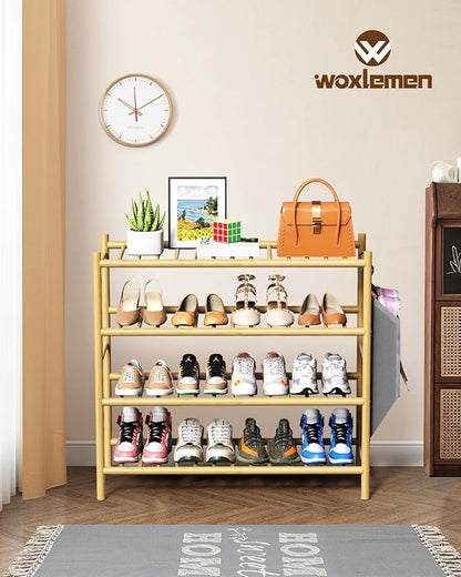 Bamboo Shoe Rack for Closet Small Wooden Shoe Organizer with Pouch, Sturdy Wood Shoe Shelf for Front Door Entrance Entryway and Outdoor, 26 inch Wide (Natural, 4-Tier)