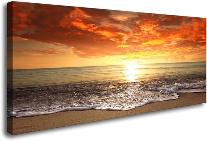 Baisuart-S0150 Canvas Prints Wall Art Sunset Ocean Beach Pictures Photo Paintings for Living Room Bedroom Home Decorations Modern Stretched and Framed Seascape Waves Landscape Giclee Artwork