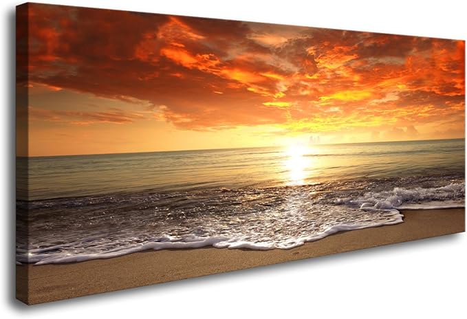 Baisuart-S0162 Canvas Prints Wall Art Sunset Ocean Beach Pictures Photo Paintings for Living Room Bedroom Home Decorations Modern Stretched and Framed Seascape Waves Landscape Giclee Artwork